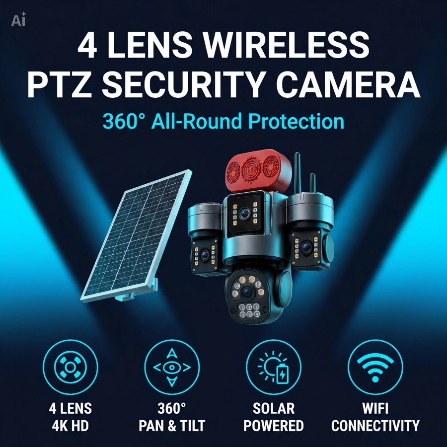 4-Lens Wireless PTZ Security Camera with Solar Panel (WiFi)