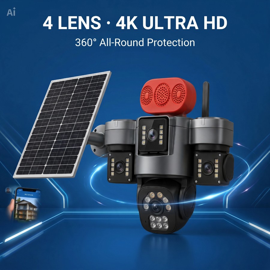 4-Lens Wireless PTZ Security Camera with Solar Panel (4G SIM)